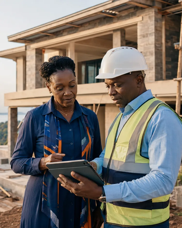 A property buyer and a verification officer review findings on a tablet at a hillside construction site.