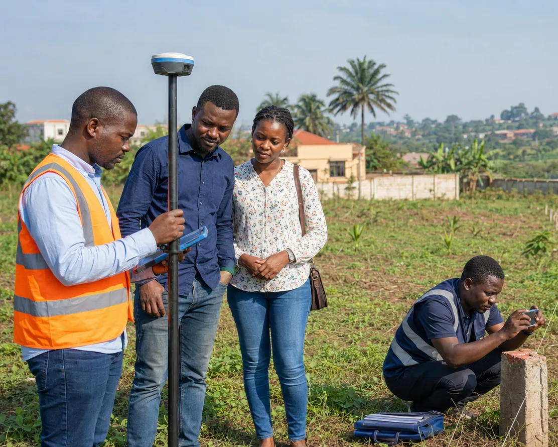 A survey team checks a boundary marker with GPS equipment while the buyers look on.